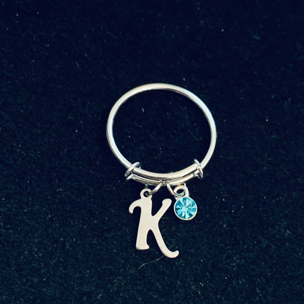 Personalized Letter Initial charm dangle ring with birthstone